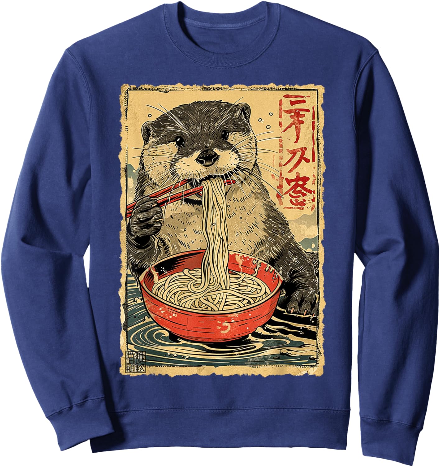 Funny Vintage Japanese Art Otter Eating Ramen Noodles Kids Sweatshirt - Sweatshirt | Navy