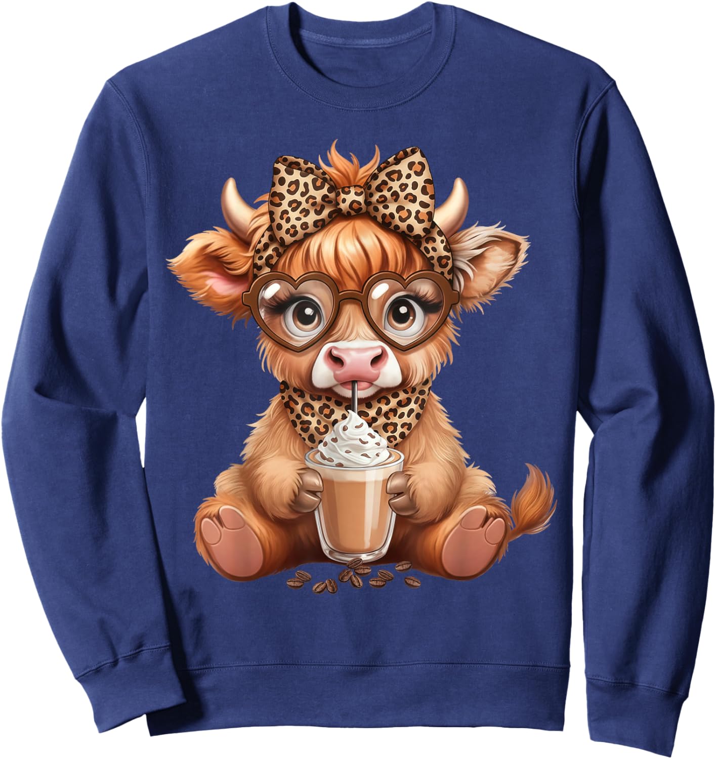 Cute Highland Cow Coffee Latte Lover Leopard Bow Glasses Sweatshirt - Sweatshirt | Navy