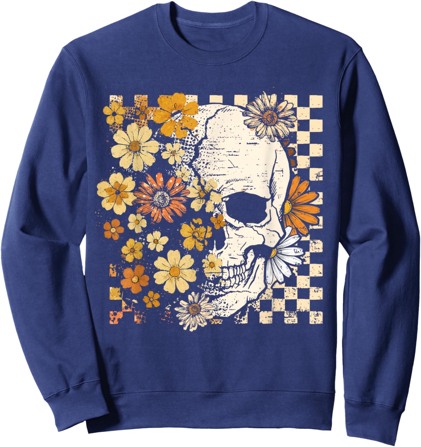 Vintage Skull Flower Halloween Fall Thankgiving Costume Sweatshirt - Sweatshirt | Navy