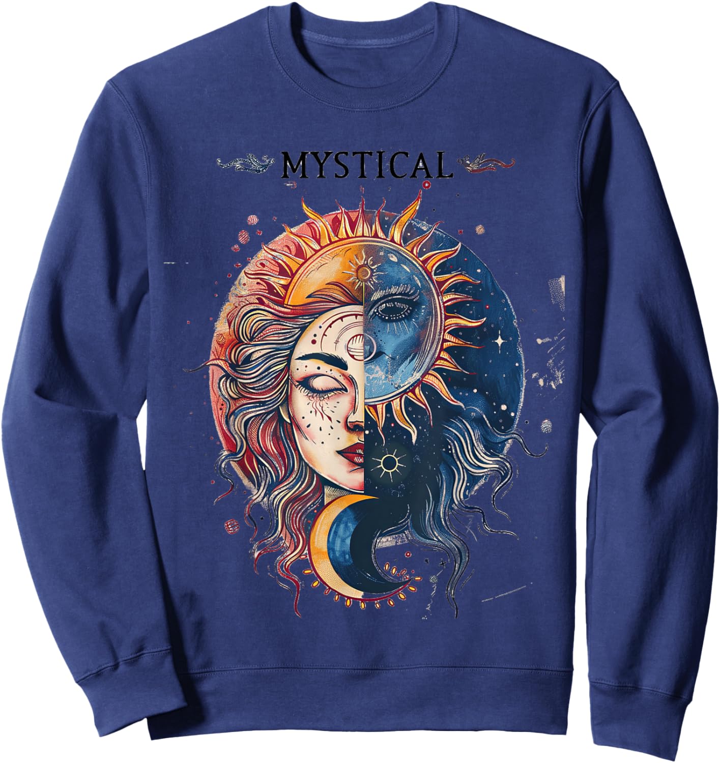 Mystical Sun and Moon Woman Mystic Flowers Aesthetic Sweatshirt - Sweatshirt | Navy