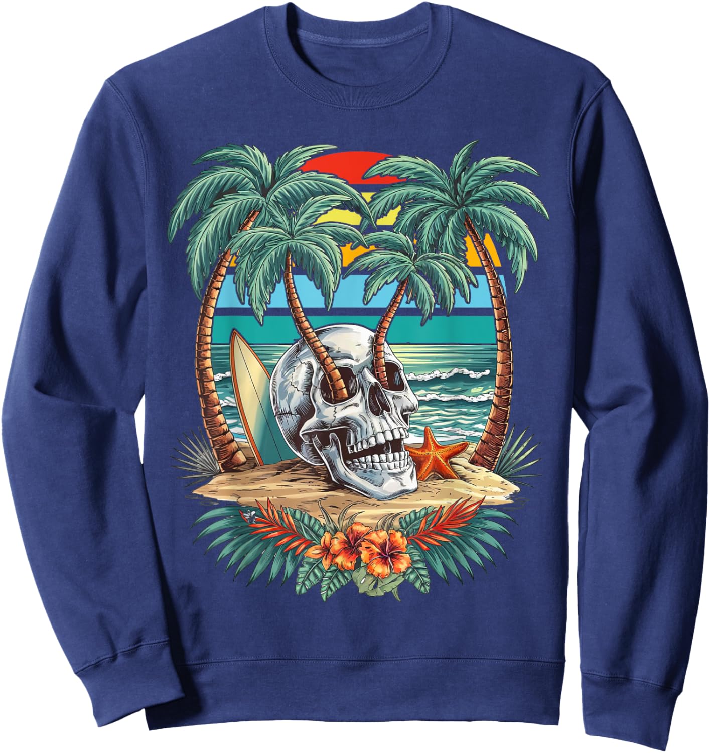Vintage Palm Tree Skull Summer Beach Men Motorcycle Tattoo Sweatshirt - Sweatshirt | Navy