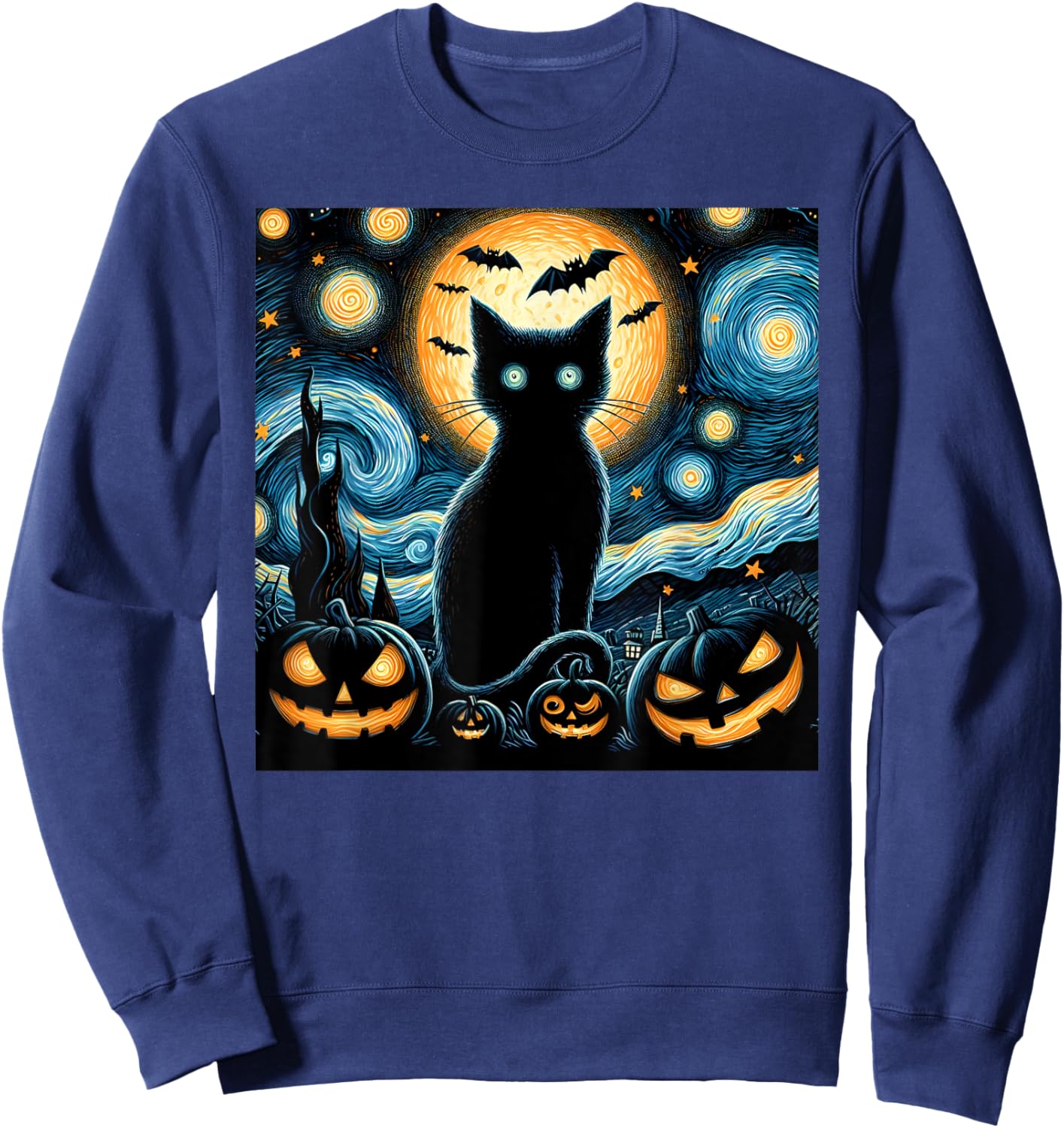 Halloween Starry Night Black Cat Van Gogh Halloween Cat Women Kids Sweatshirt - Sweatshirt | Navy