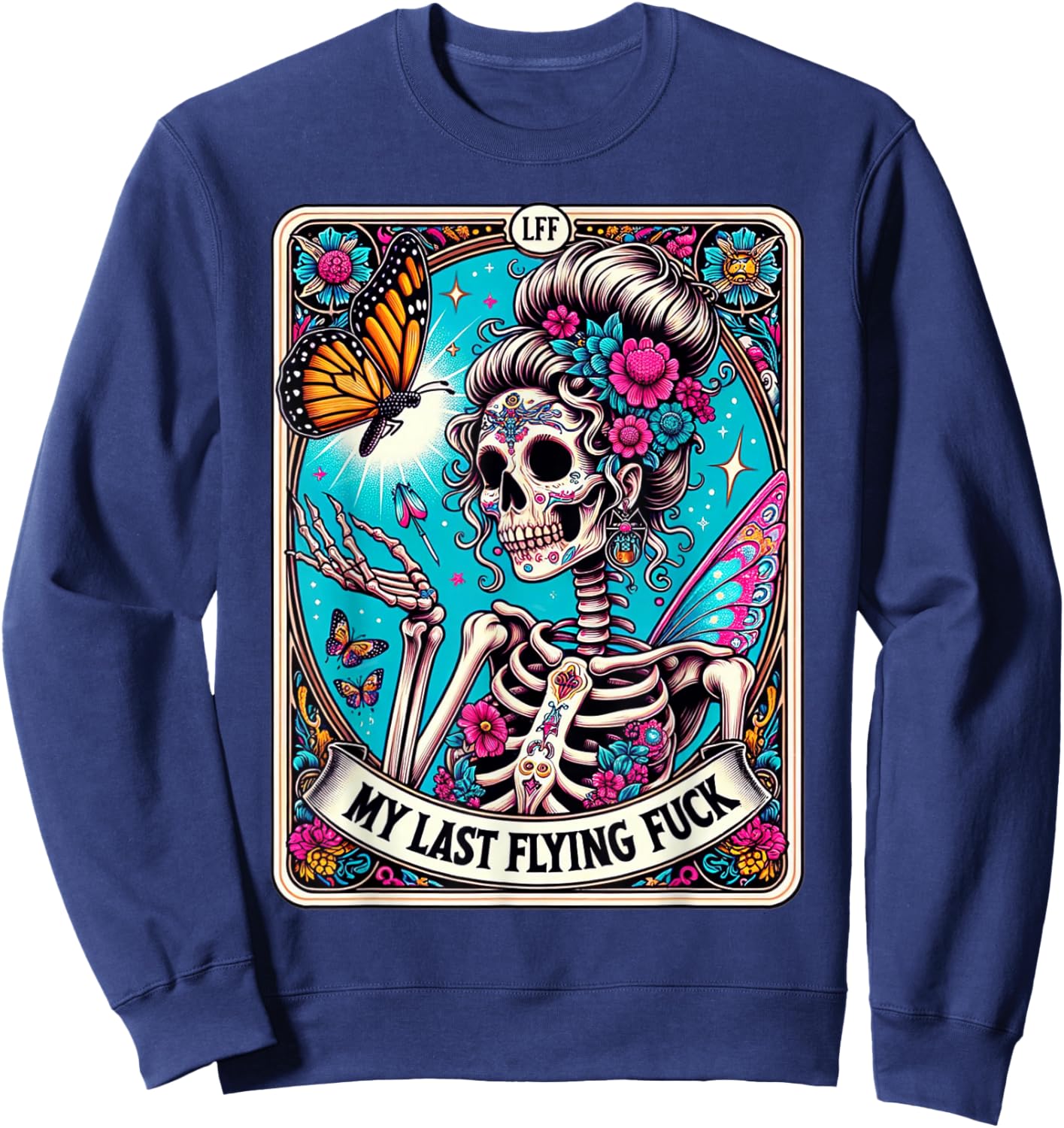 My Last Flying, Funny Sayings Skeleton Retro 70s Tarot Card Sweatshirt - Sweatshirt | Navy