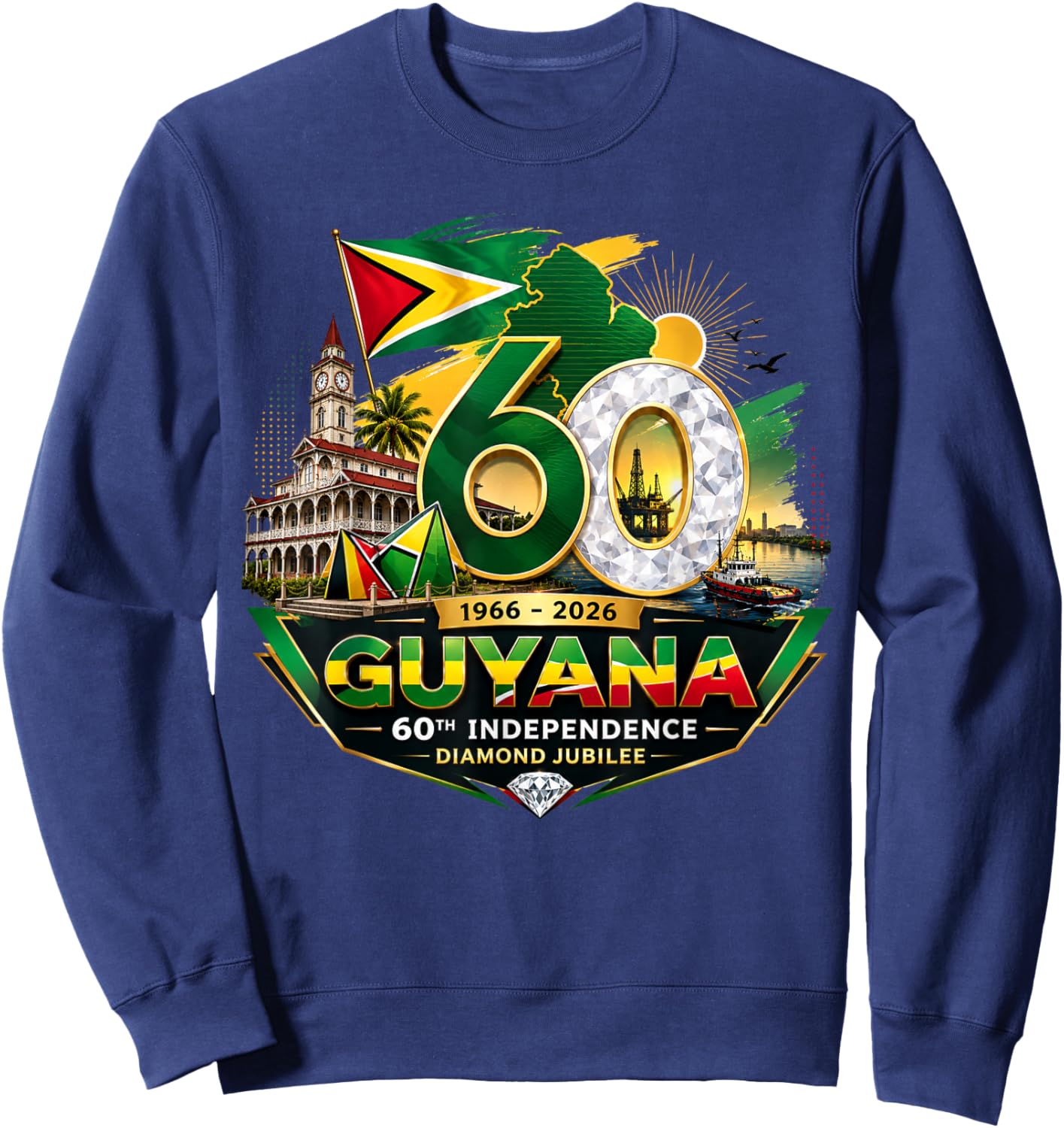 Celebrating 60 Years of Independence Guyana Diamond Jubilee Sweatshirt - Sweatshirt | Navy