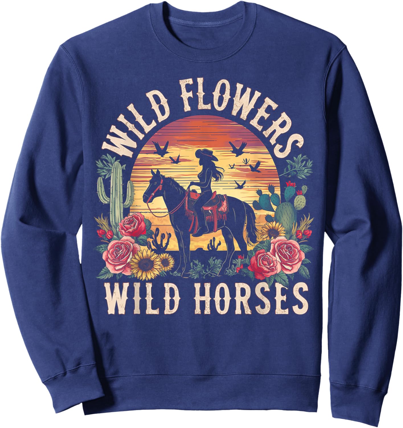 Retro Southern Sunset Cowgirl Wild Flowers Wild Horses Sweatshirt - Sweatshirt | Navy