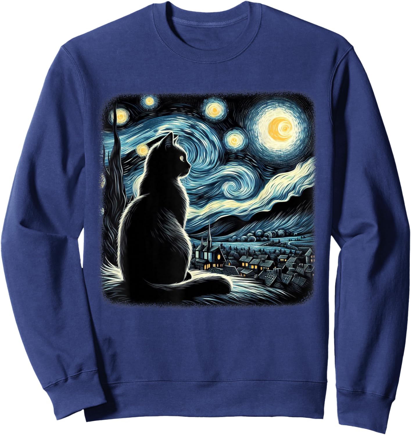 Van Gogh Starry Night Cat Art For Cat Lovers Cat Mom Cat Dad Sweatshirt - Sweatshirt | Navy