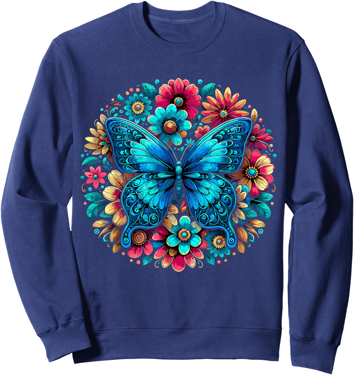 Butterfly With Flowers Aesthetic Butterfly Sweatshirt - Sweatshirt | Navy