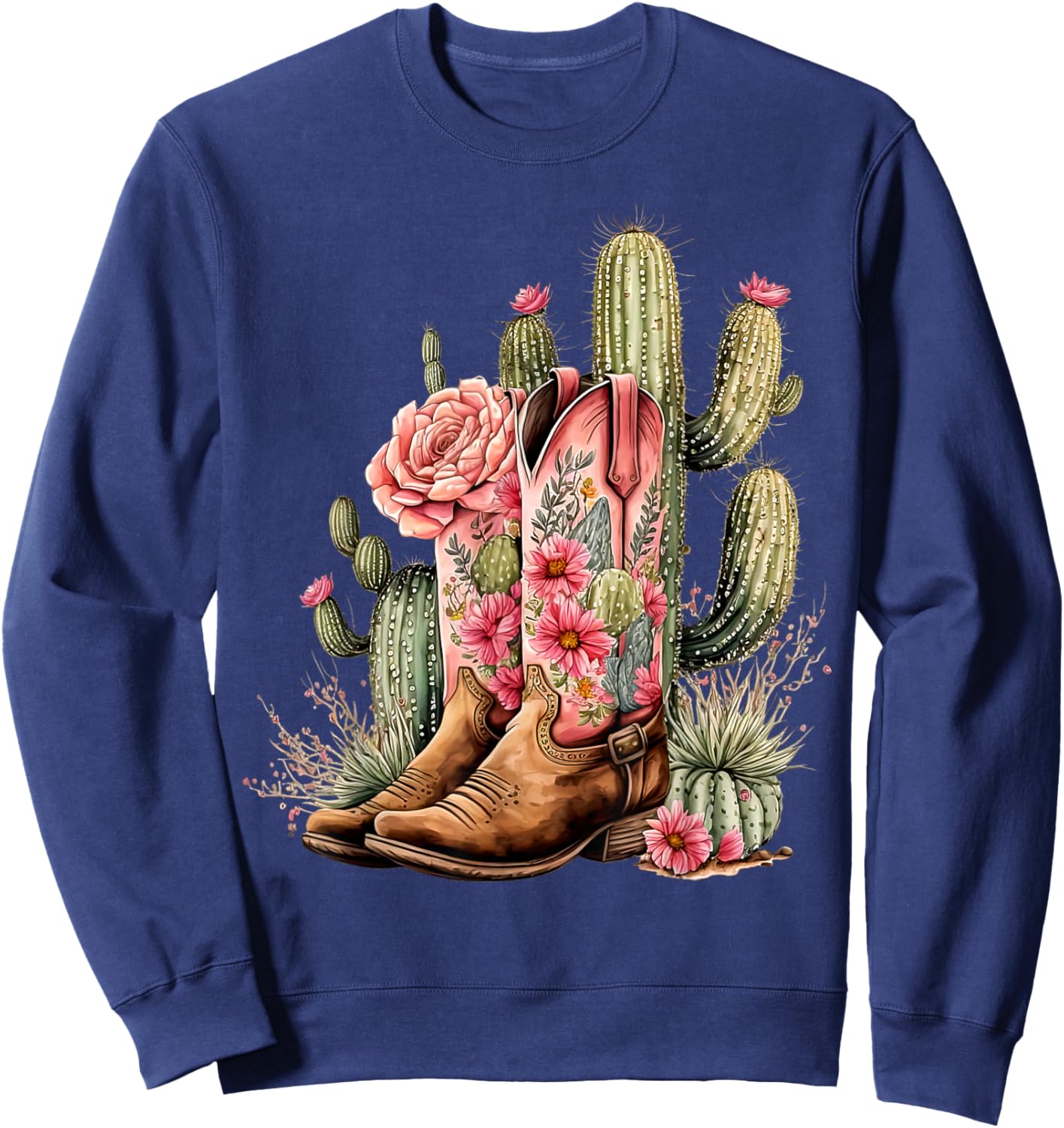 Retro Cowgirl Boots Floral Cactus Western Flower Teen Girls Sweatshirt - Sweatshirt | Navy