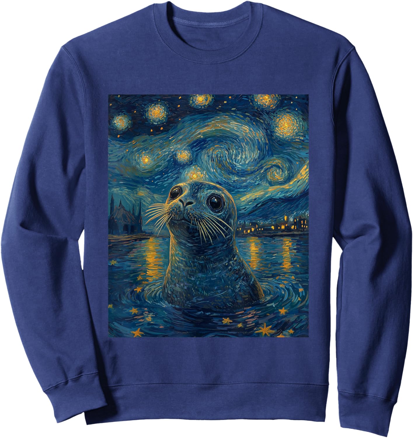 Cute Seal Sea Lion - Van Gogh Style - Starry Night Graphic Sweatshirt - Sweatshirt | Navy