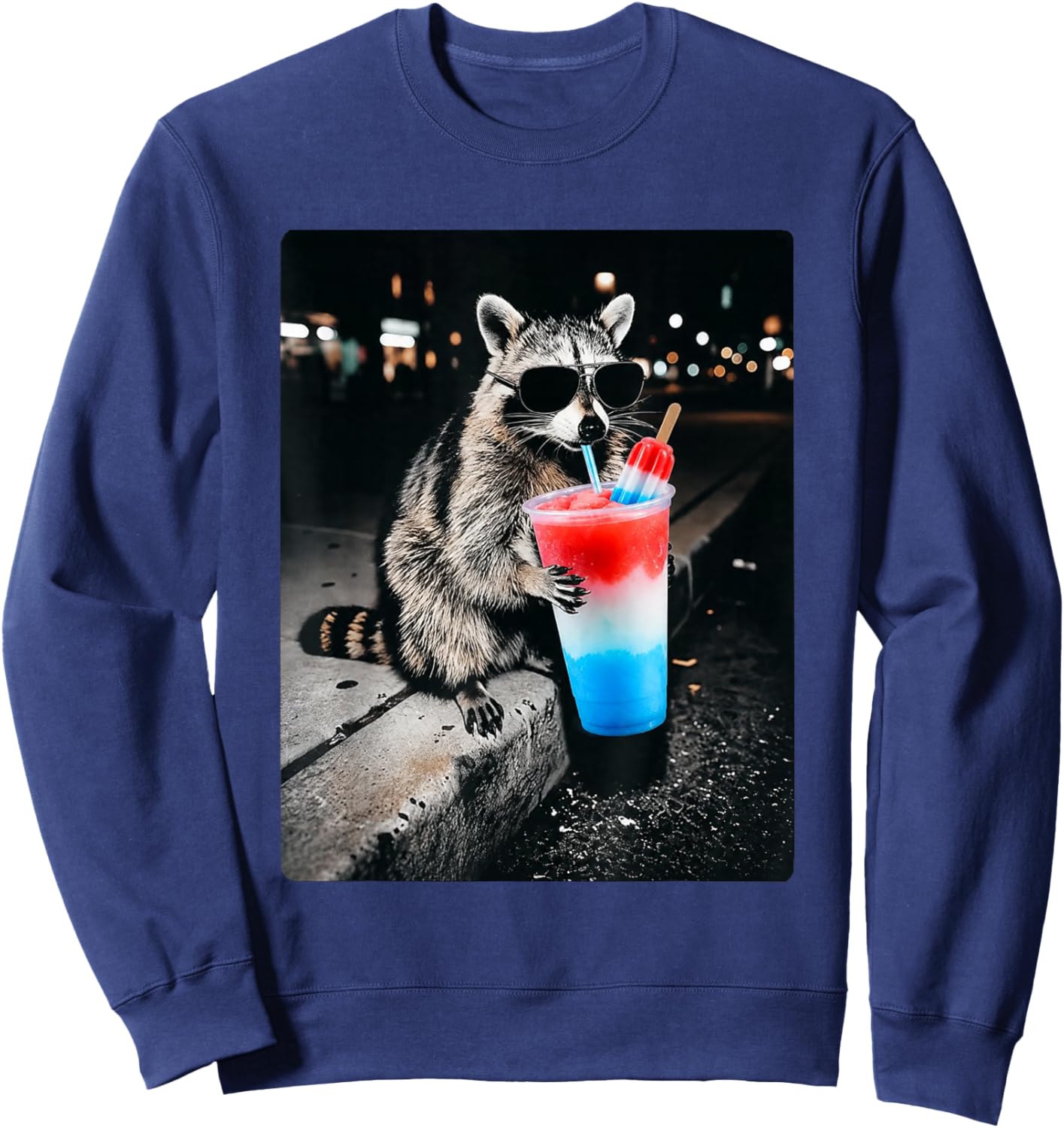 Patriotic Red White Blue USA 4th of July Racoon Drinking Sweatshirt - Sweatshirt | Navy