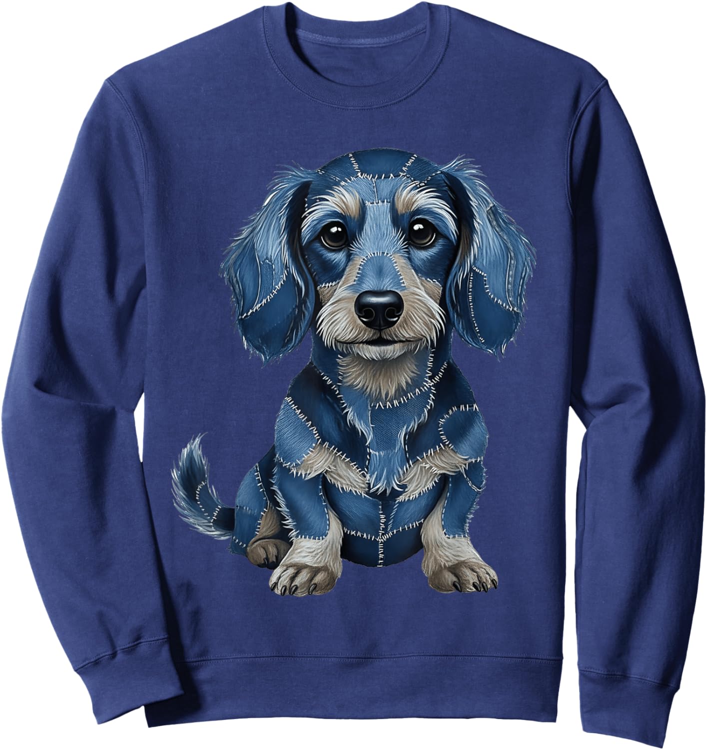 Funny Longhaired Dachshund Dog Blue Denim Patchwork Pattern Sweatshirt - Sweatshirt | Navy