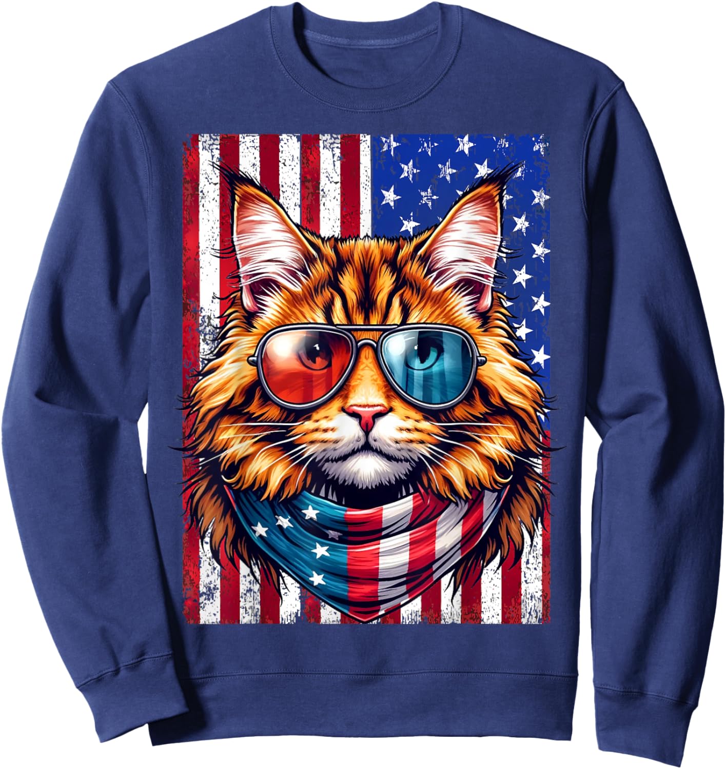 Maine Coon Wearing USA Flag Cat Lover Patriotic 4th of July Sweatshirt - Sweatshirt | Navy