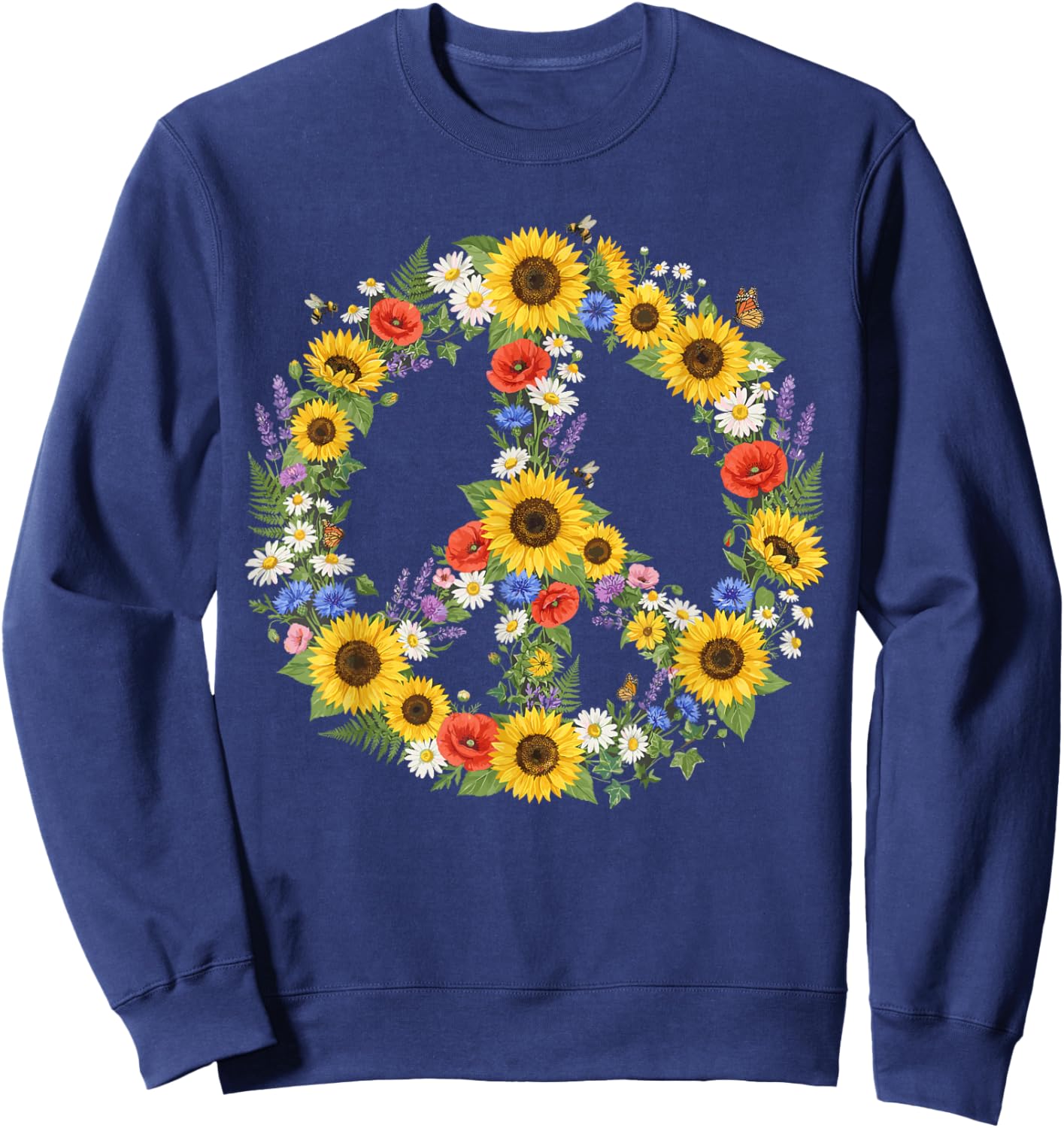 Hippie Peace Sign 60s 70s Retro Groovy Flowers Floral Sweatshirt - Sweatshirt | Navy
