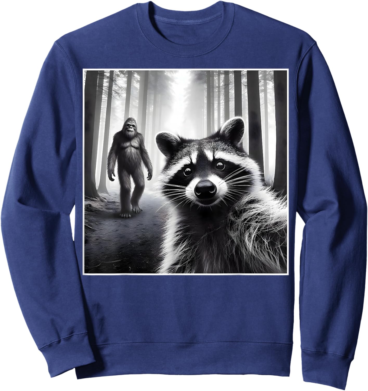 Scared Raccoon Selfie with Sasquatch Bigfoot Funny Raccoon Sweatshirt - Sweatshirt | Navy