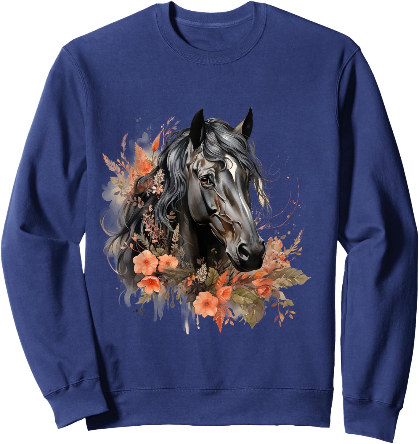 Floral Wild Horse Country Horse Riding , Small, Black Sweatshirt - Sweatshirt | Navy