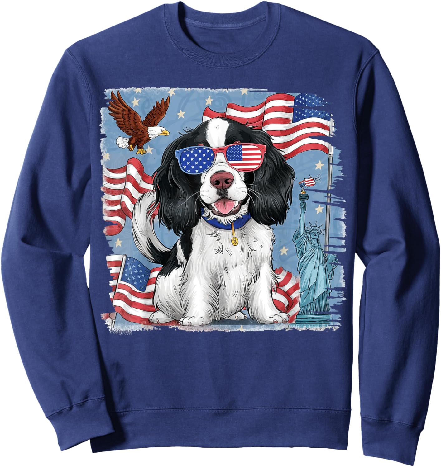 English Springer Spaniel Dog with American Flag 4th of July Women Kids Men Sweatshirt - Sweatshirt | Navy
