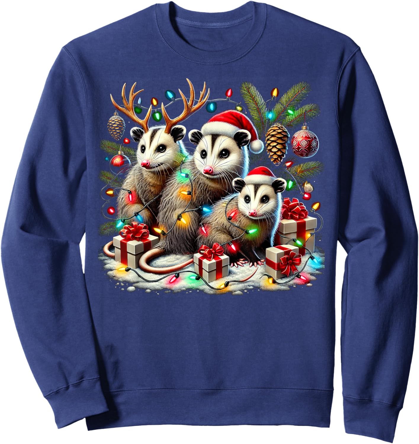 Hilarious Opossums in Christmas Lights Holiday Possum Spirit Sweatshirt - Sweatshirt | Navy