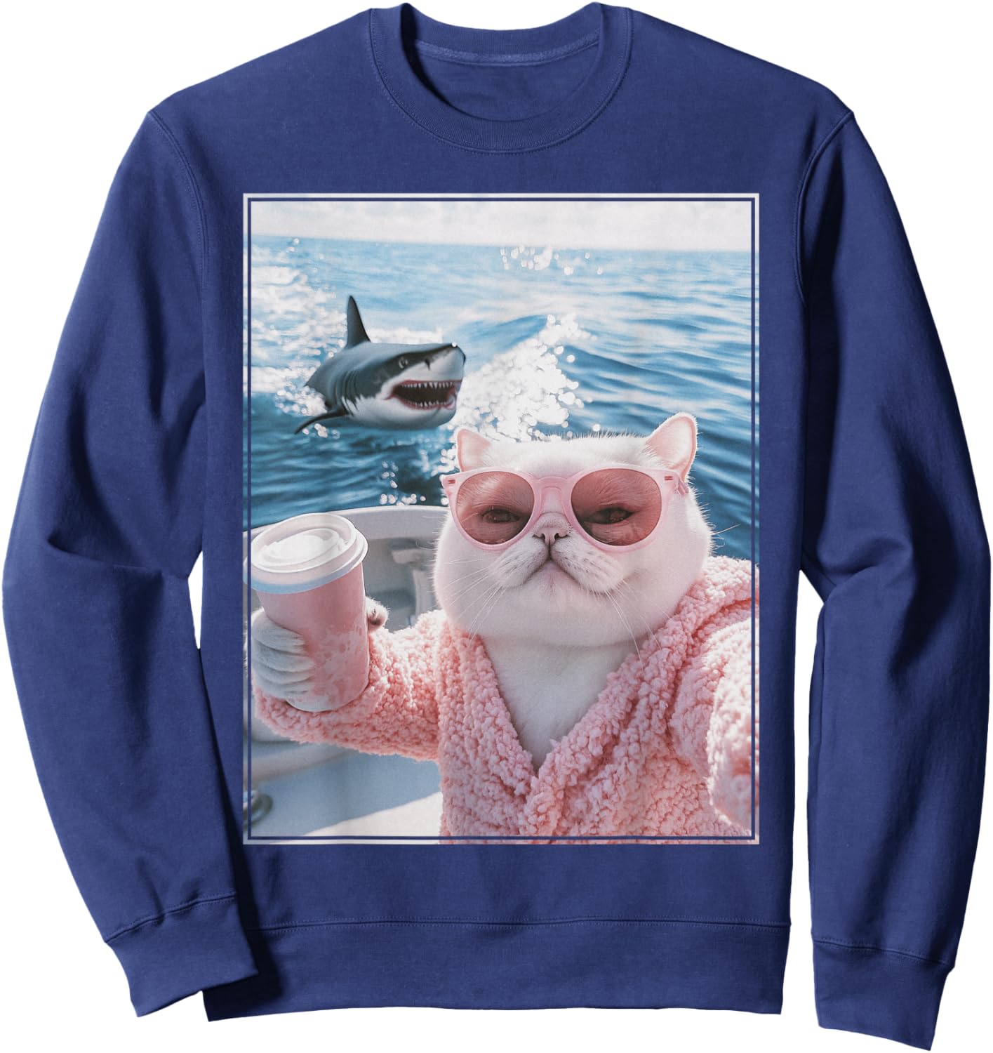 Fat Cat on a Yacht Boat with Shark Cool Funny Cat Meme Sweatshirt - Sweatshirt | Navy