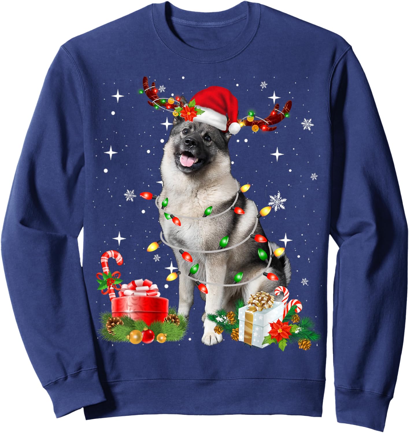 Funny Norwegian Elkhound Santa Hat Christmas Lights Pajama Sweatshirt - Sweatshirt | Navy