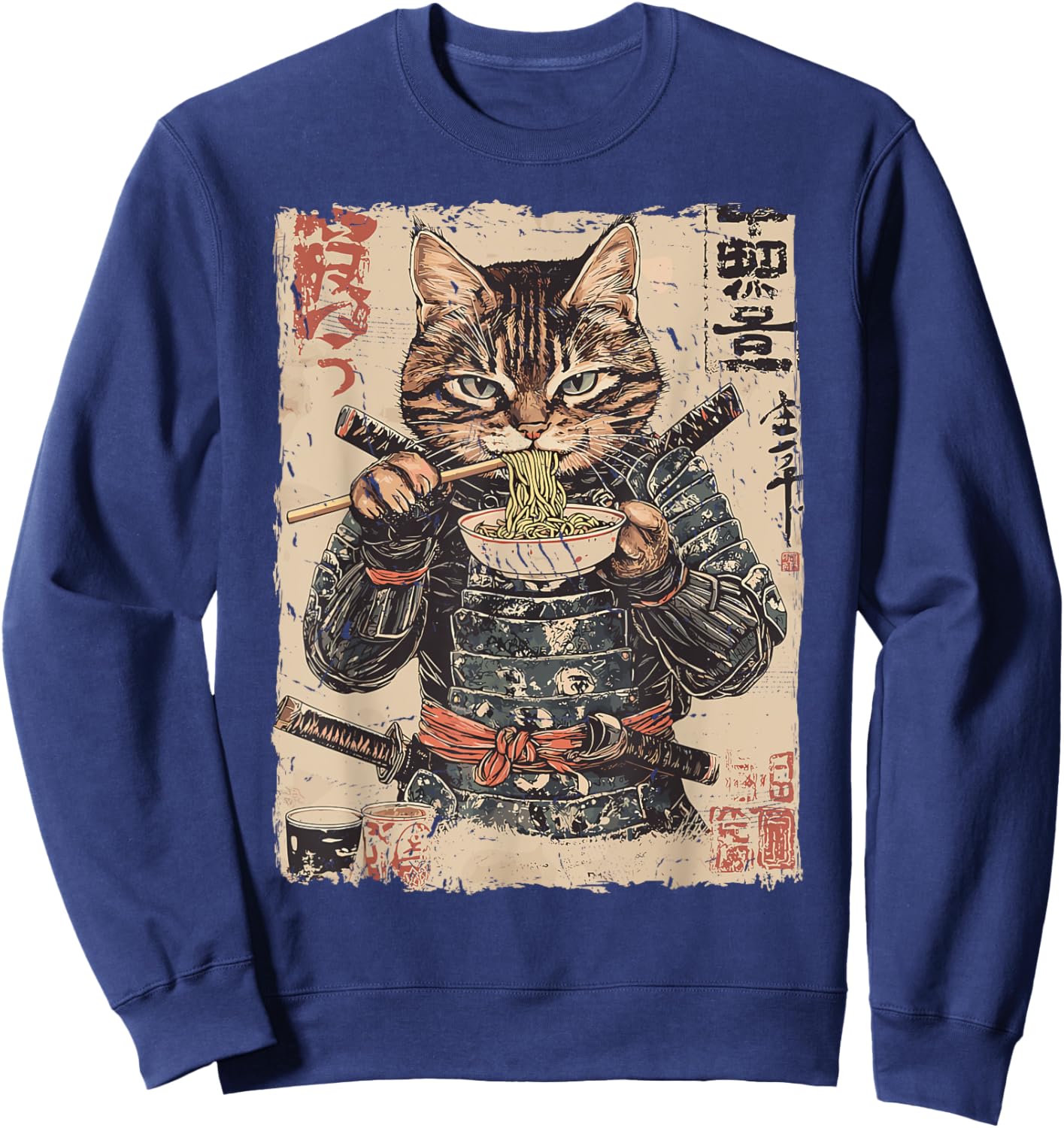 Samurai Cat Loves Ramen Funny Anime Japanese Artwork Samurai Sweatshirt - Sweatshirt | Navy