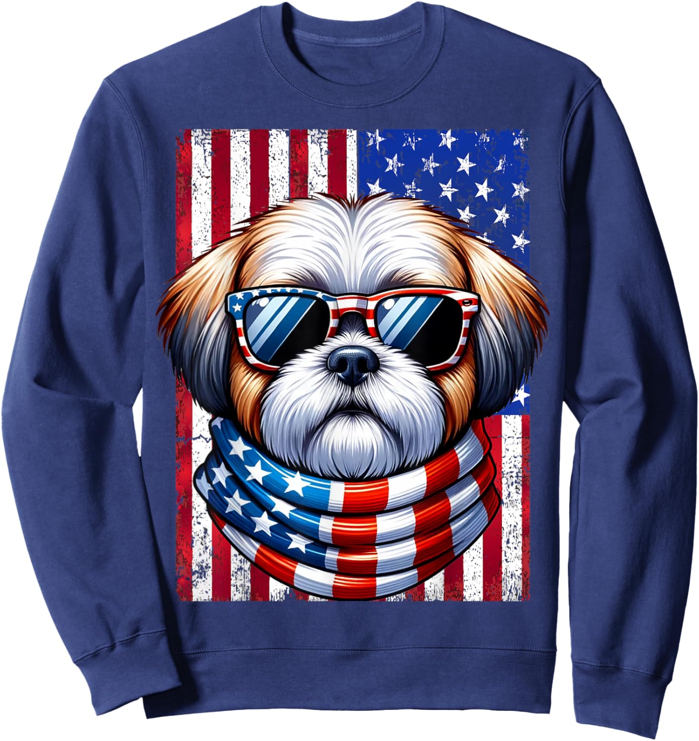 Shih Tzu Wearing American Flag 4th of July Patriotic Dog Sweatshirt - Sweatshirt | Navy