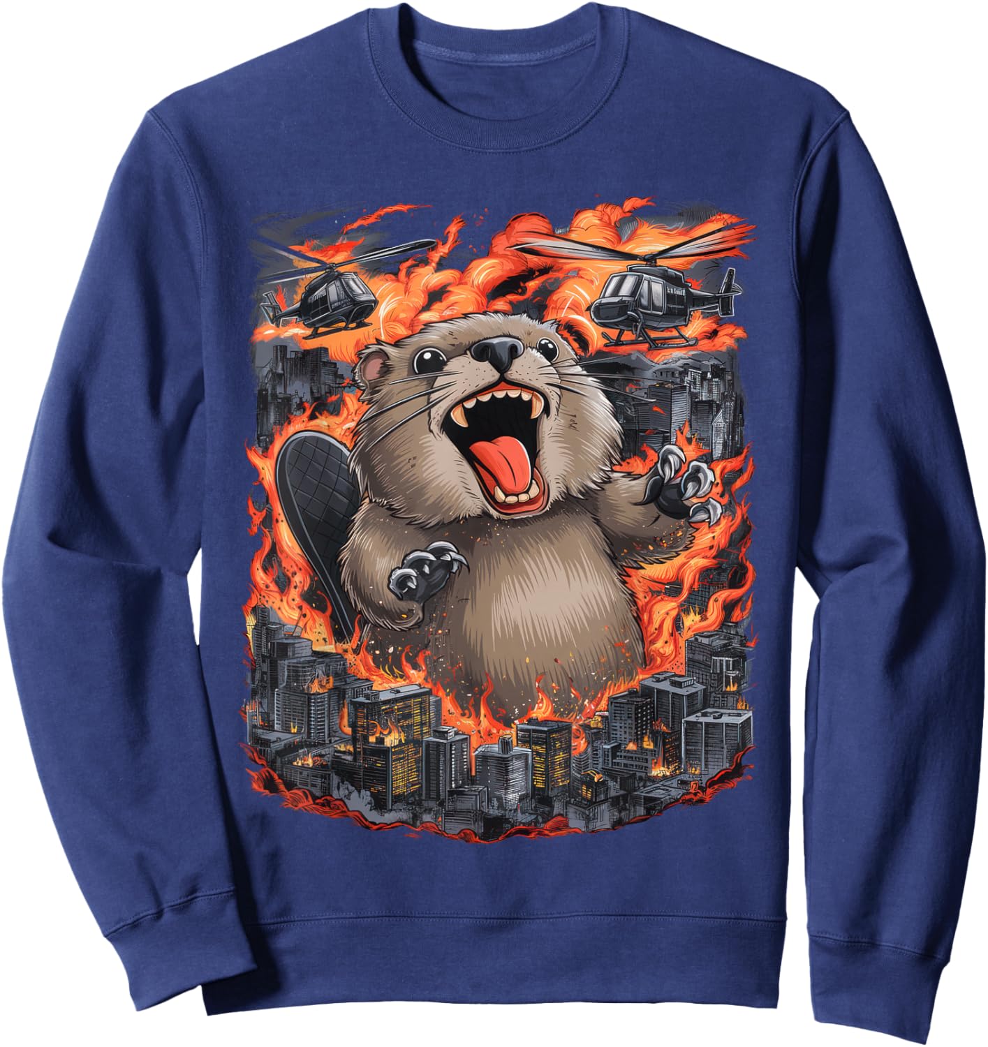 Chubby Giant Beaver Kaiju Monster City Destruction Funny Sweatshirt - Sweatshirt | Navy