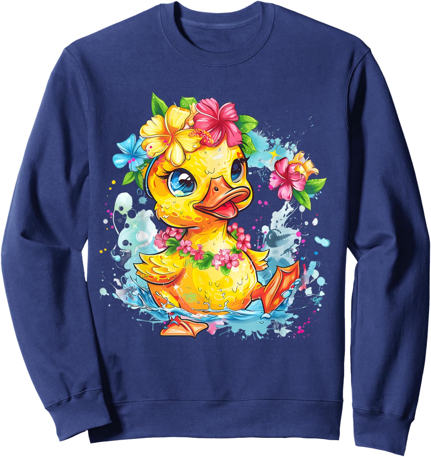 Rubber Duck Floral Hawaiian Watercolor Rubber Duck Lover Sweatshirt - Sweatshirt | Navy