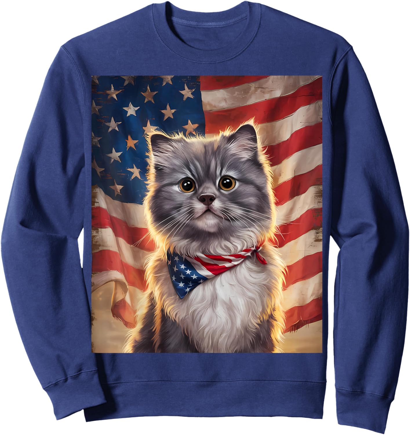 Cute Fluffy Gray Cat American Flag Independence Day Sweatshirt - Sweatshirt | Navy