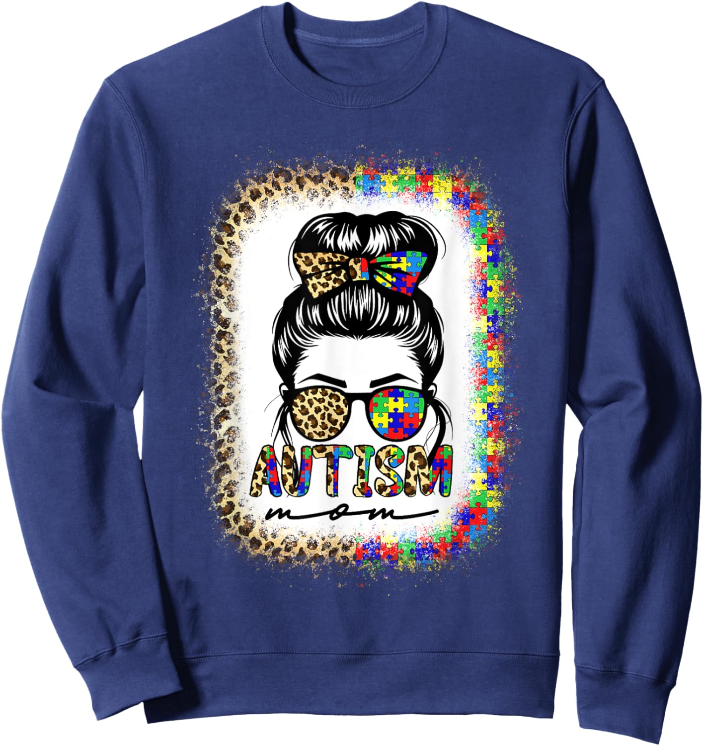 Autism Mom Messy Bun Puzzle Piece Awareness Mothers Day Sweatshirt - Sweatshirt | Navy