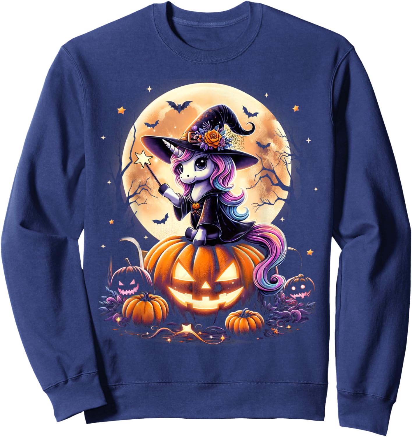 Cute Unicorn Witch Pumpkin Halloween Shirts Girls Daughter Sweatshirt - Sweatshirt | Navy