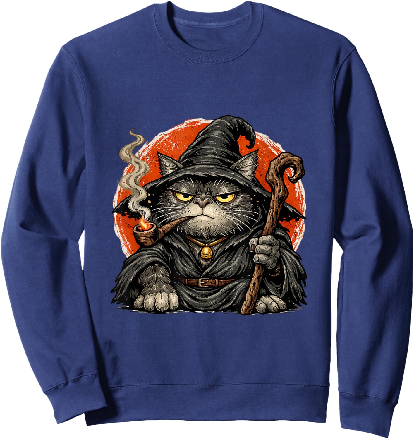 Funny Japanese Cat Wizard Smoking Pipe Mystical Feline Mage Sweatshirt - Sweatshirt | Navy