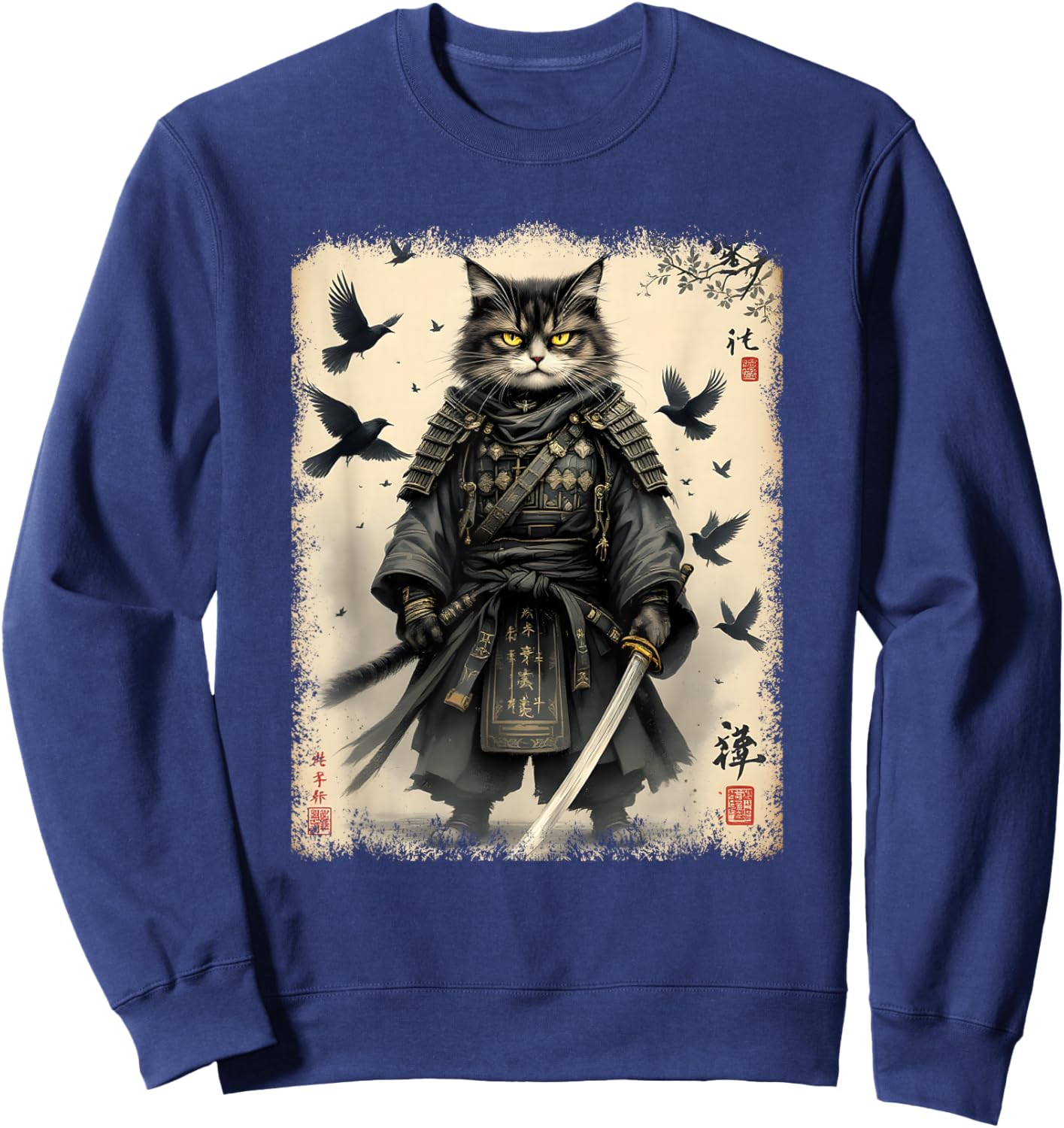 Samurai Cat, Japanese Warrior | Vintage Anime & Samurai Art Sweatshirt - Sweatshirt | Navy