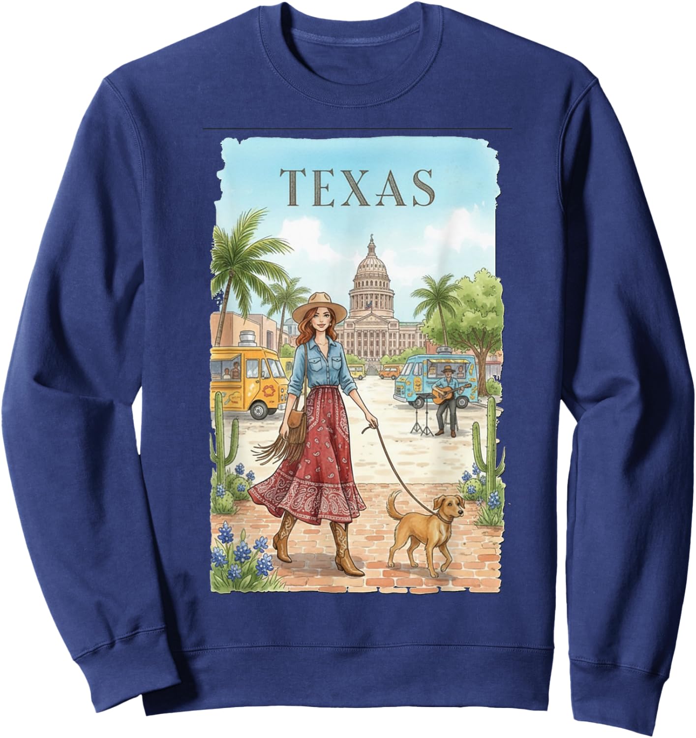 Texas Travel Art – Cowgirl with Dog in Austin City Scene Sweatshirt - Sweatshirt | Navy