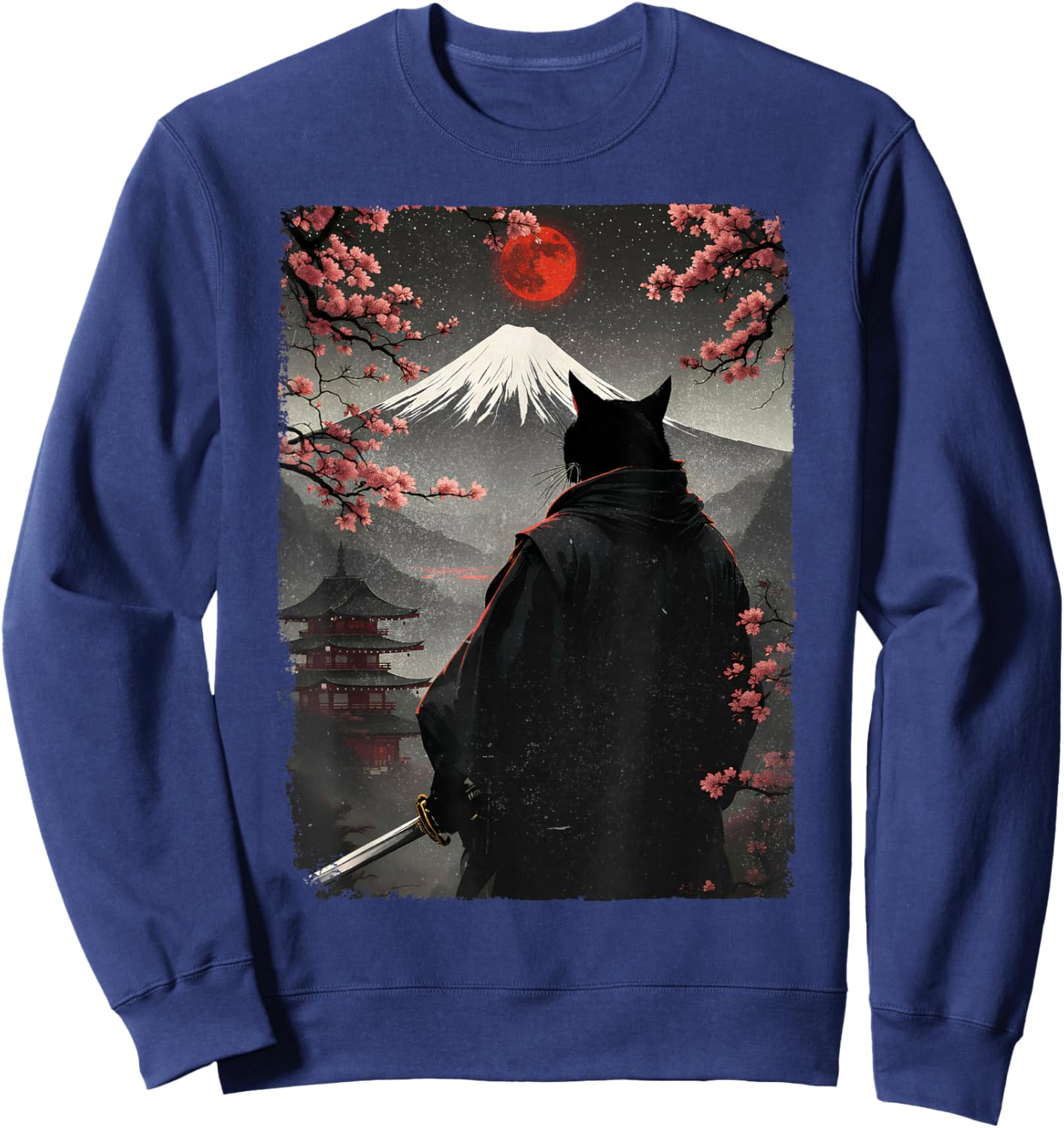 Samurai Cat Warrior Blood Moon Fuji Mount Japanese Graphic Sweatshirt - Sweatshirt | Navy