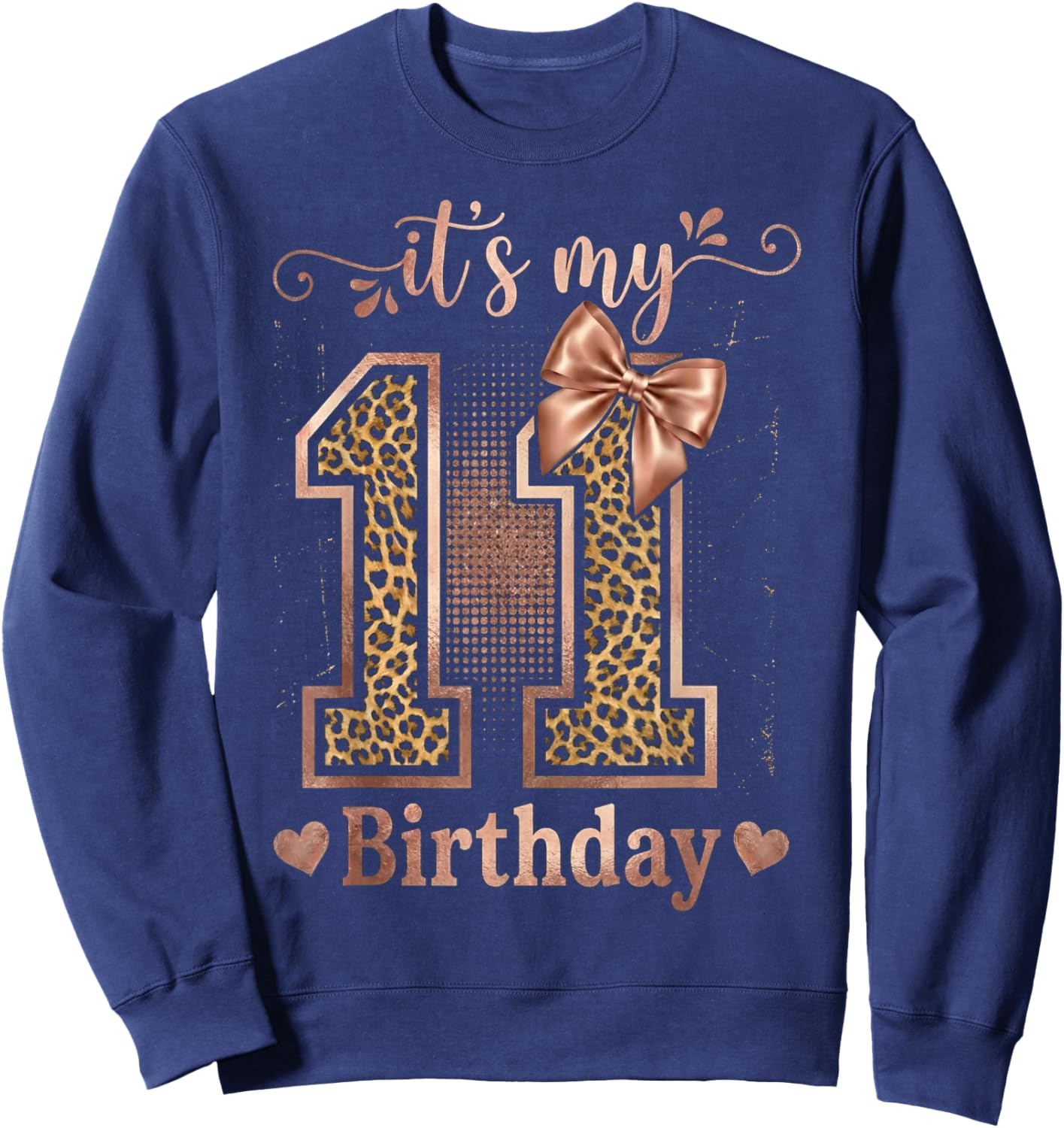 It's My 11th Birthday Girl Coquette Bow 11 Year Old Leopard Sweatshirt - Sweatshirt | Navy