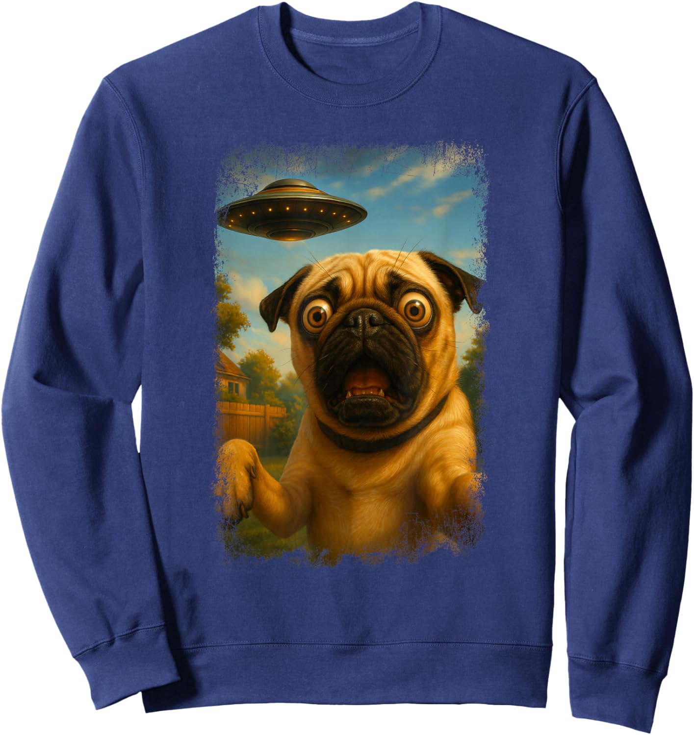 Distressed Pug UFO Selfie with Alien Humor Sweatshirt - Sweatshirt | Navy