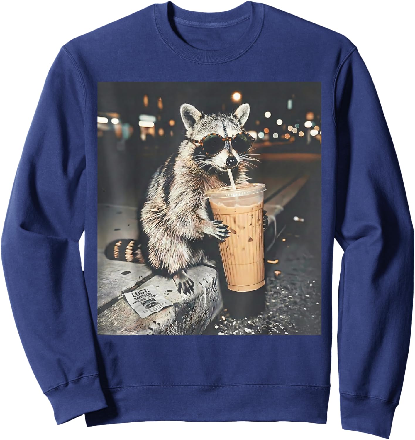 Lustiger Waschbär trinkt Eiskaffee bei Nacht Tier Meme Sweatshirt - Sweatshirt | Navy