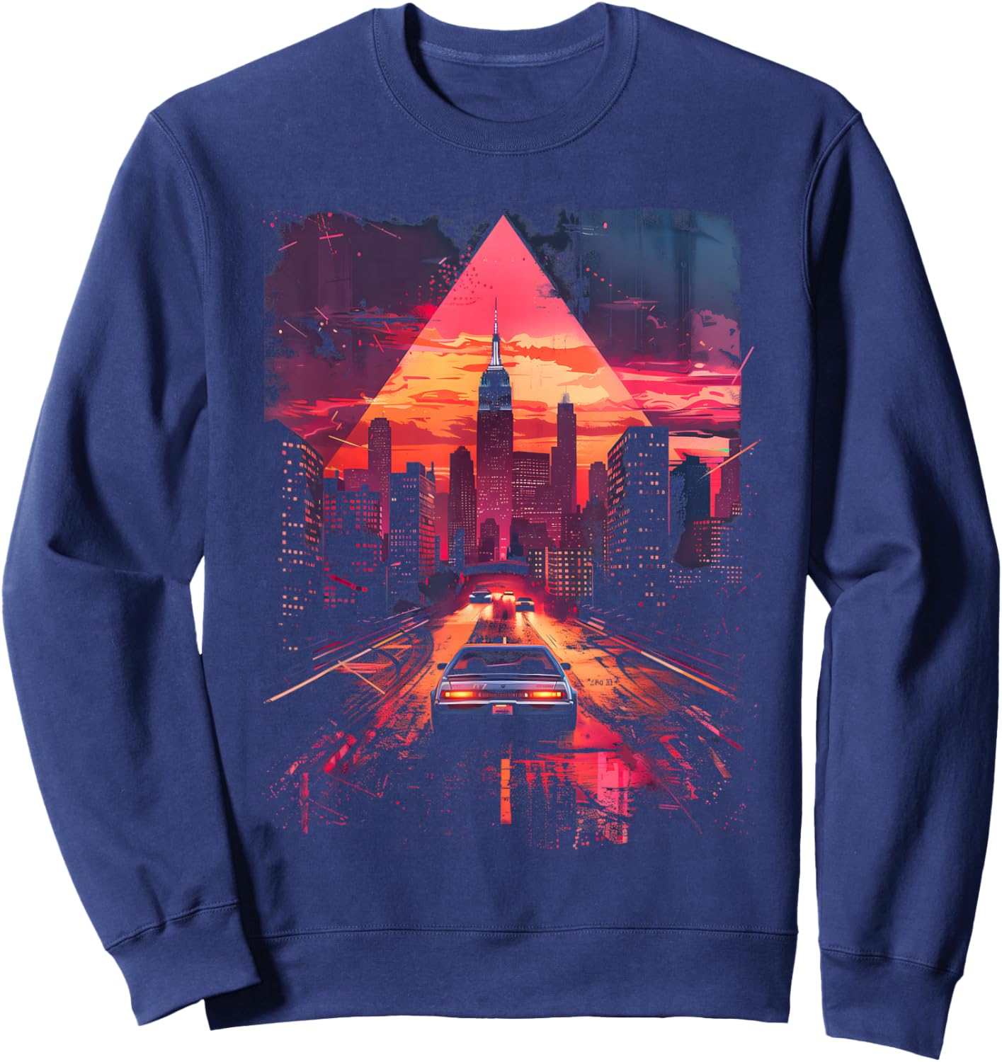 Retro Car 1980s 1990s Retrowave Aesthetic City Skyline Sweatshirt - Sweatshirt | Navy