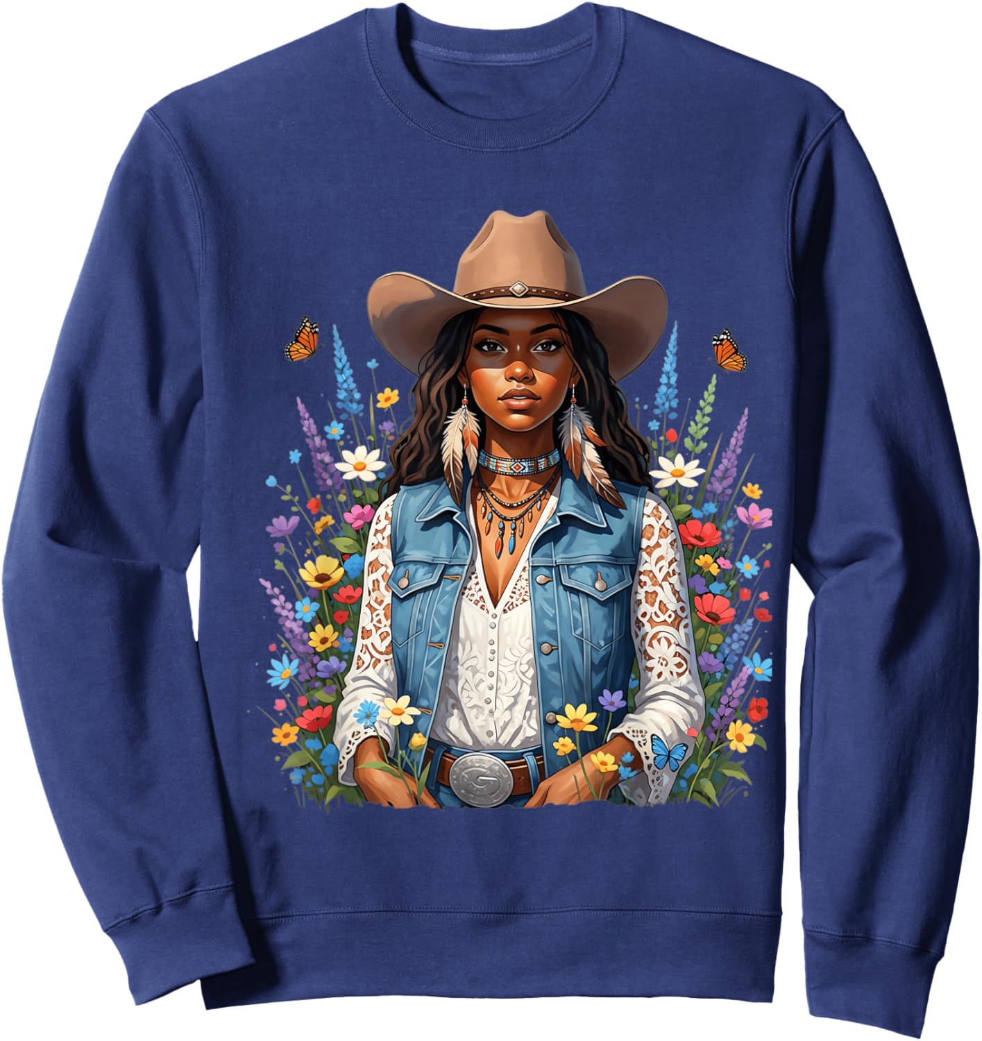 Beautiful Black Cowgirl with Wildflower Western Vibes Flower Sweatshirt - Sweatshirt | Navy