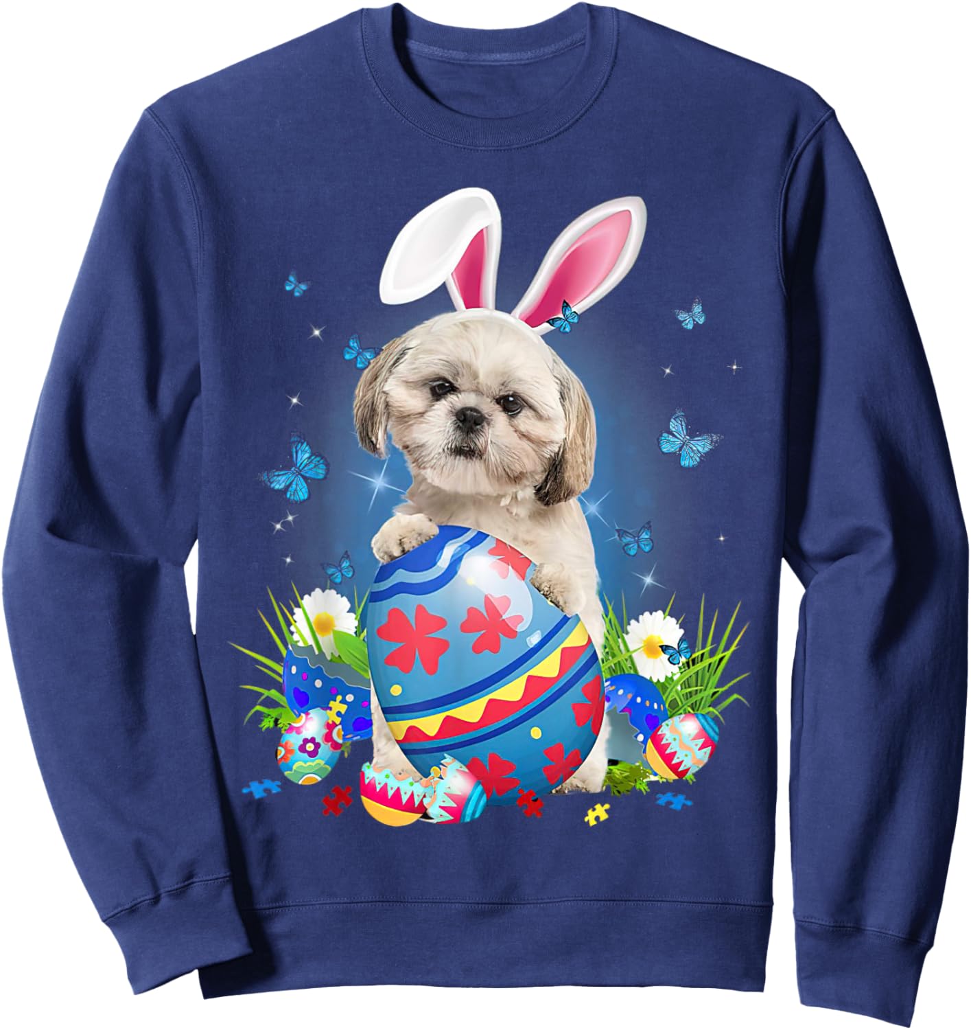 Easter Cute Shih Tzu Dog Lover Bunny Eggs Easter Men Women Sweatshirt - Sweatshirt | Navy