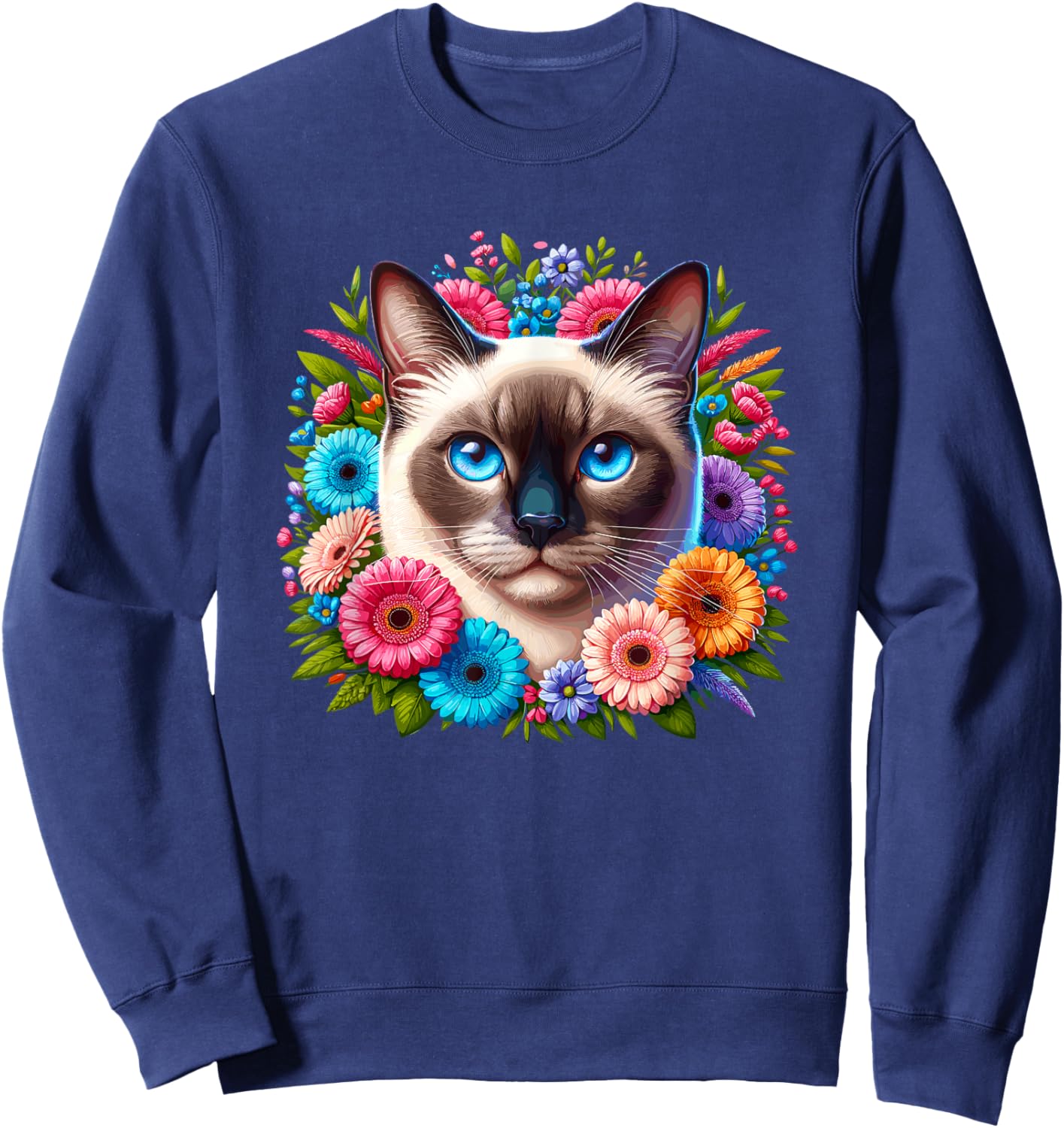 Floral Flowers Siamese Cat Meezer Men Women Kids Sweatshirt - Sweatshirt | Navy