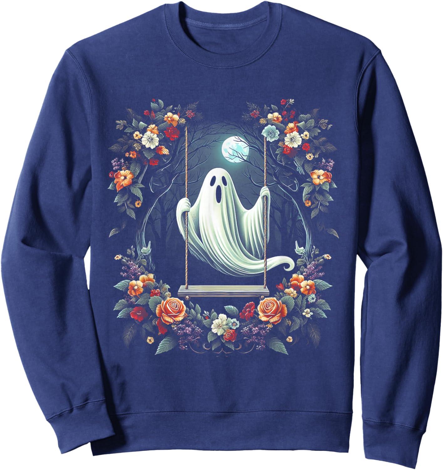 Vintage Floral Ghost On Swing In Forest Halloween Gothic Sweatshirt - Sweatshirt | Navy