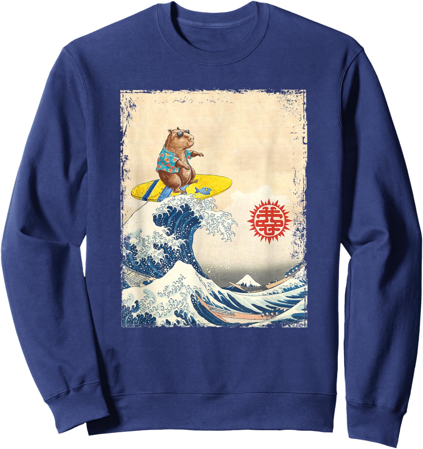 Cute Japanese Great Wave Kanagawa Surfing Capybara Sweatshirt - Sweatshirt | Navy
