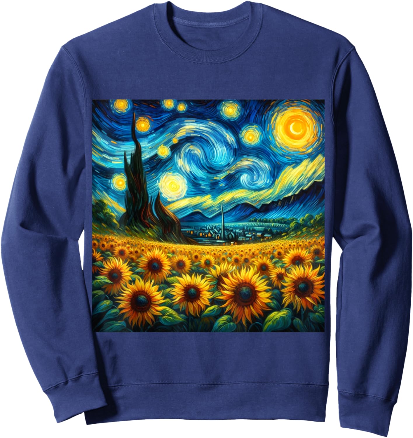 Sunflower Floral Flower Van Gogh Style Starry Night Art Sweatshirt - Sweatshirt | Navy
