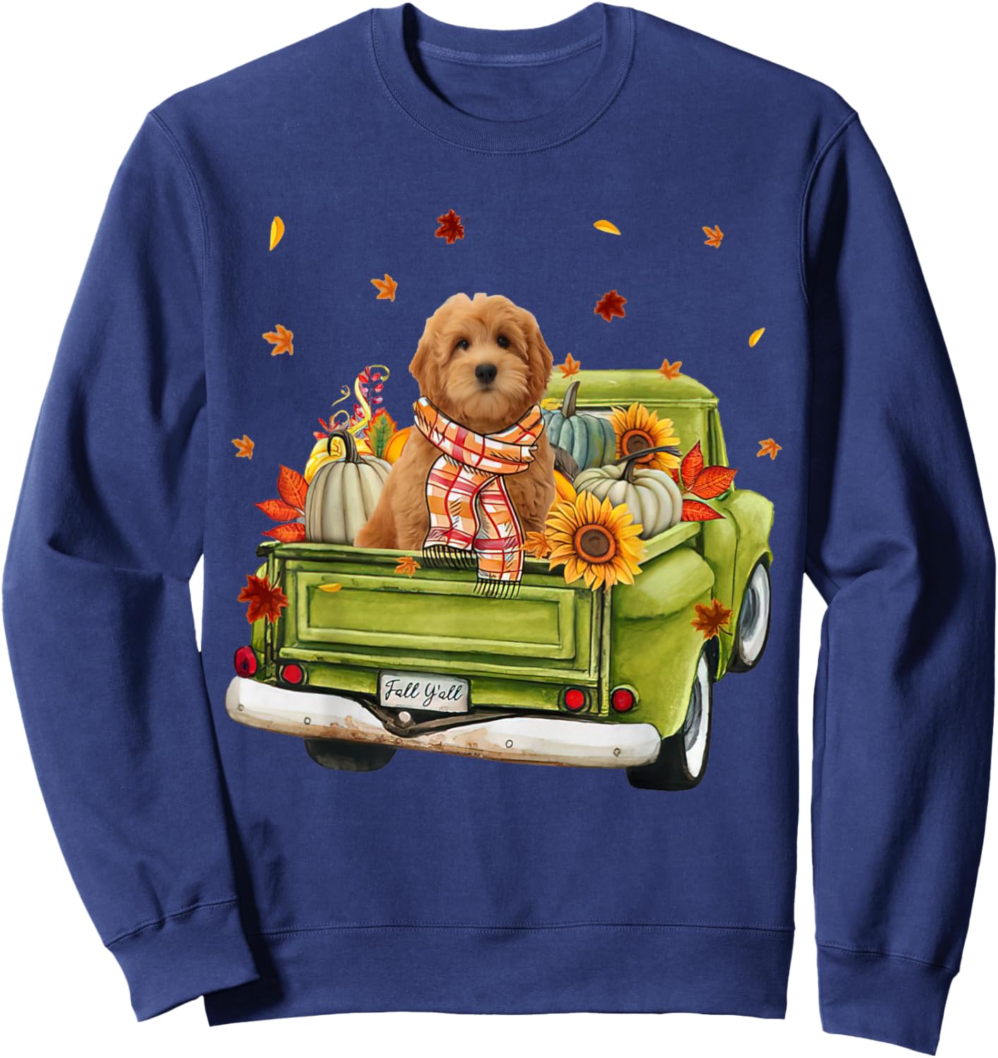 Happy Fall Y'all Goldendoodle Dog On Truck Pumpkin Fall Sweatshirt - Sweatshirt | Navy