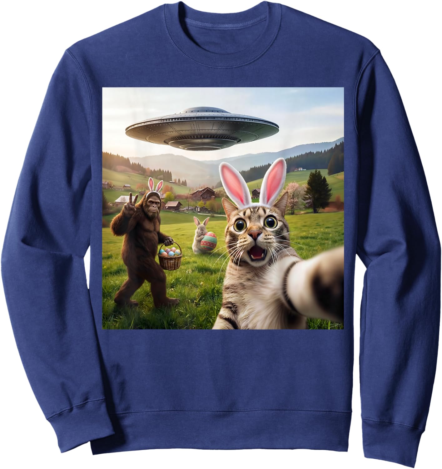 Lustiges Katzen-Selfie mit Osterhase Bigfoot UFO für Männer Frauen Sweatshirt - Sweatshirt | Navy