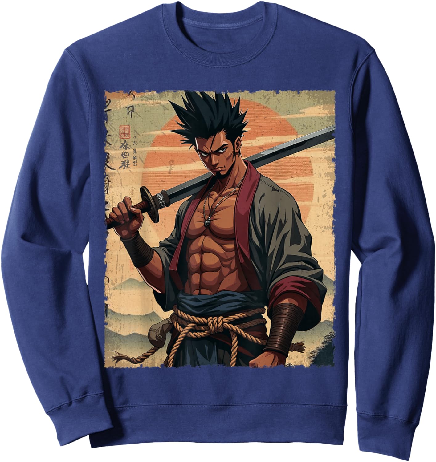 African Samurai Anime Afro American Bushido Warrior Katana Sweatshirt - Sweatshirt | Navy
