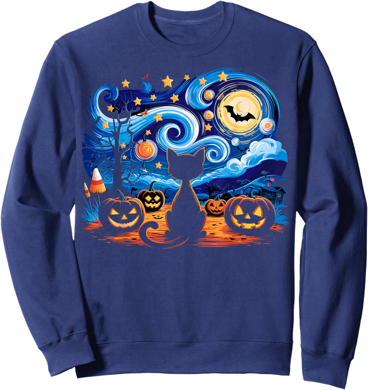 Halloween Cat Starry Night Gifts Cat Mom Cat Dad Cat Lover Sweatshirt - Sweatshirt | Navy
