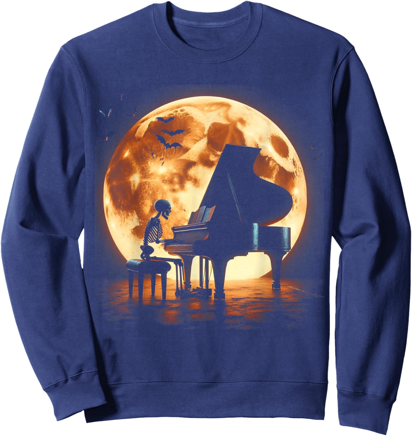 Skeleton Playing Piano Moon Halloween Music Sweatshirt - Sweatshirt | Navy