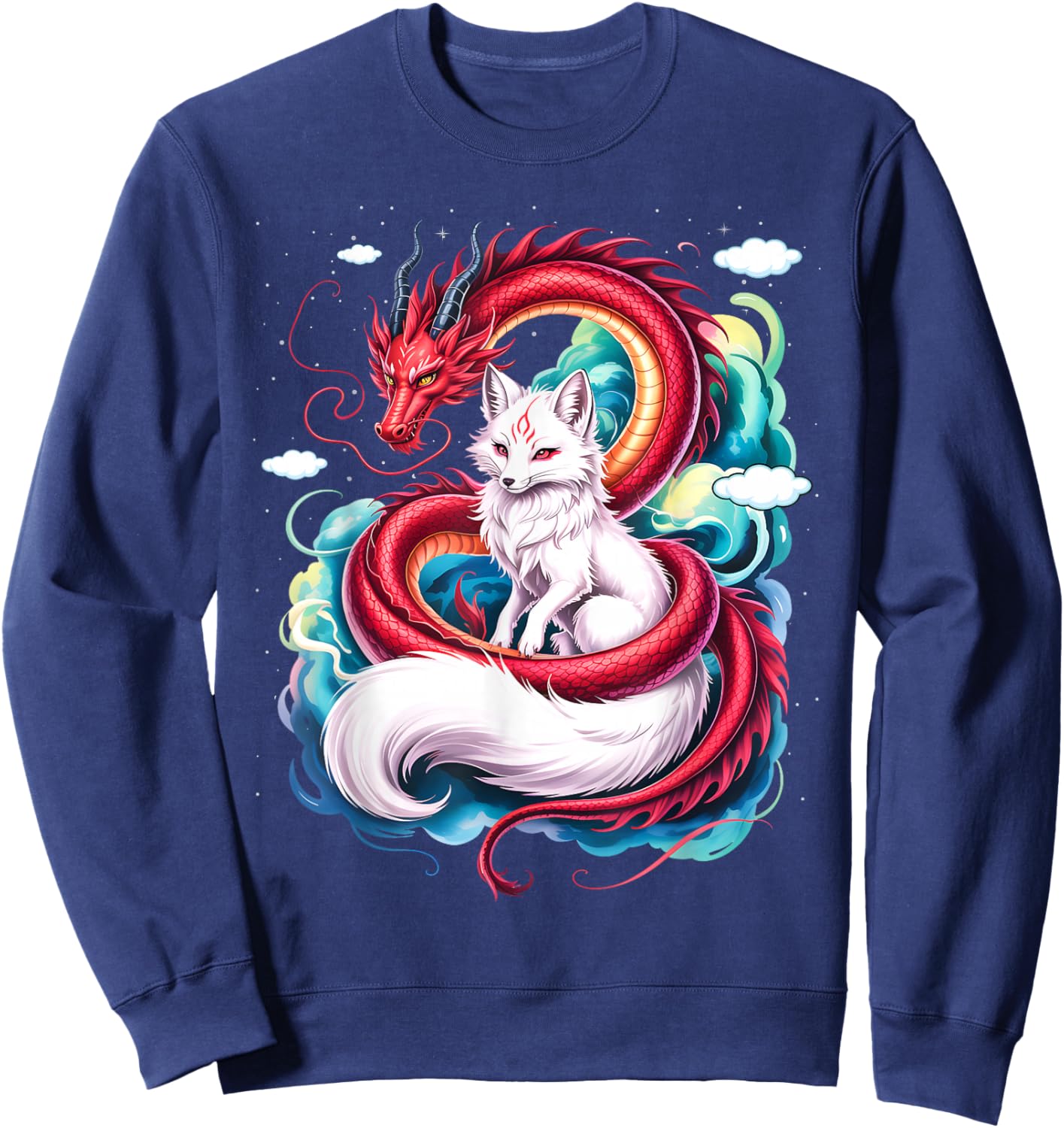 Japanese Anime Dragon and Kitsune Fox Sweatshirt - Sweatshirt | Navy